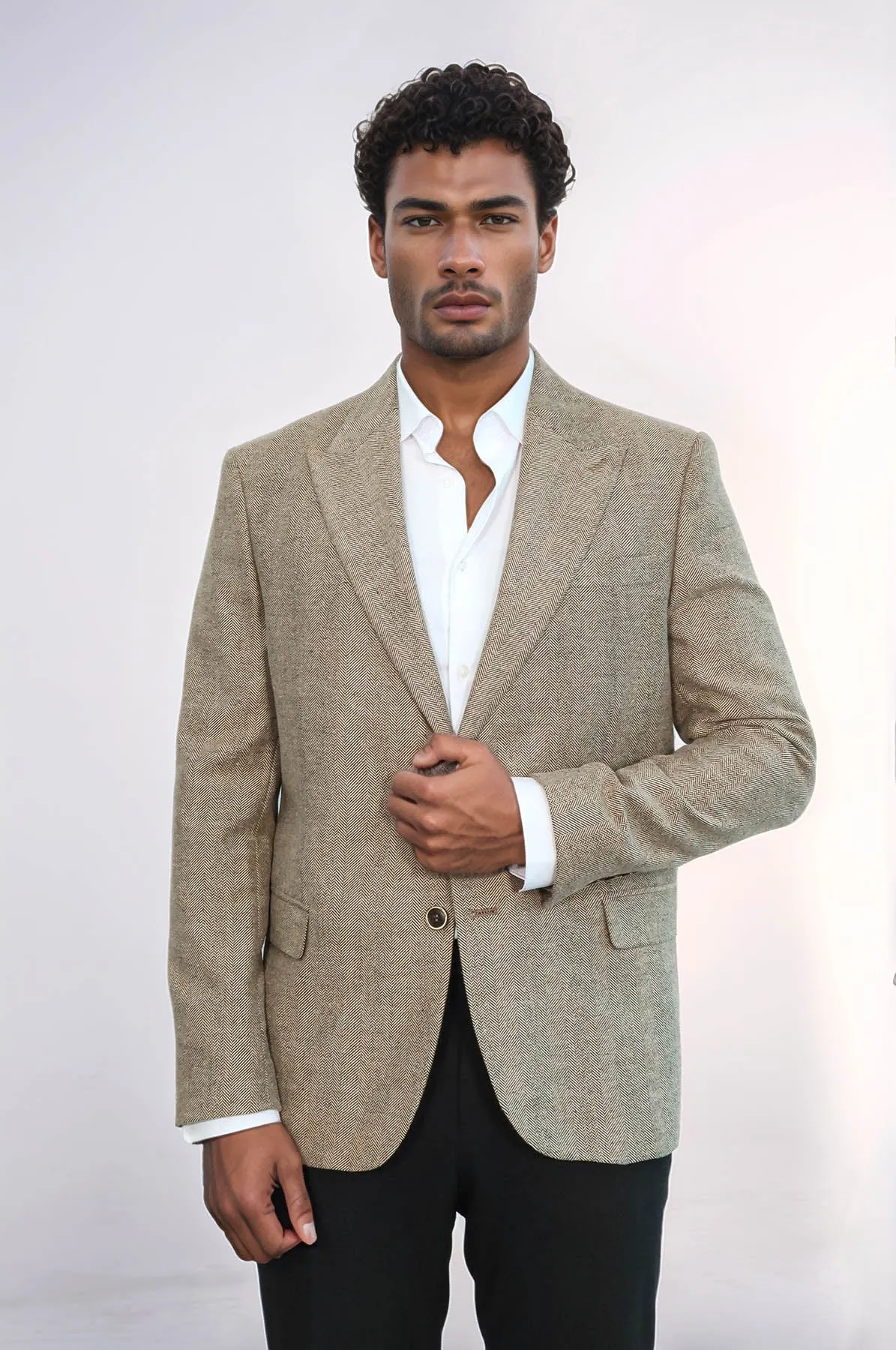 Houndstooth Pattern Wool Cream Men Blazer - Wessi