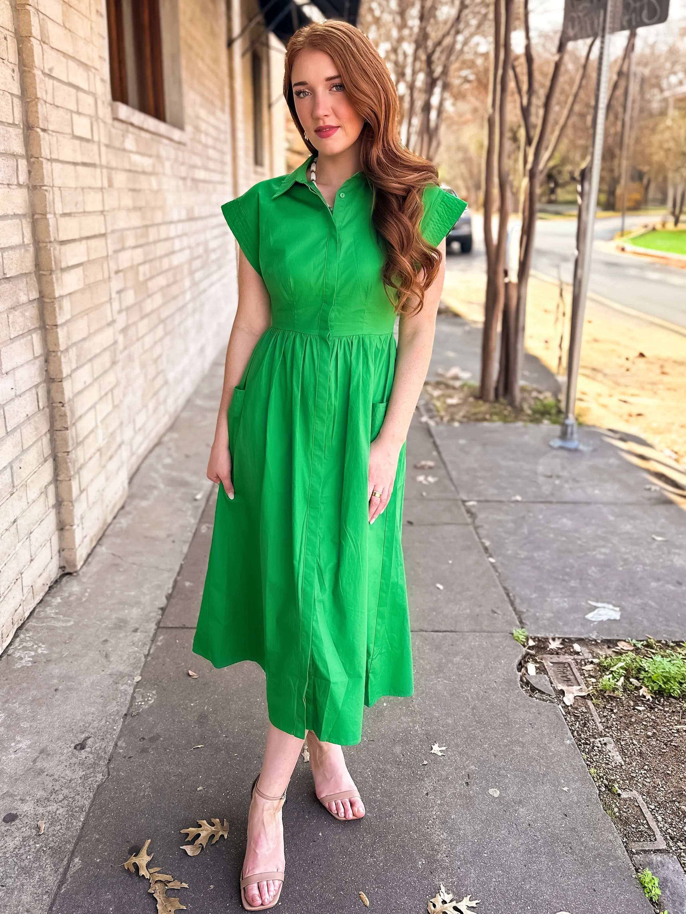 Kelly Green Button Down Midi Dress