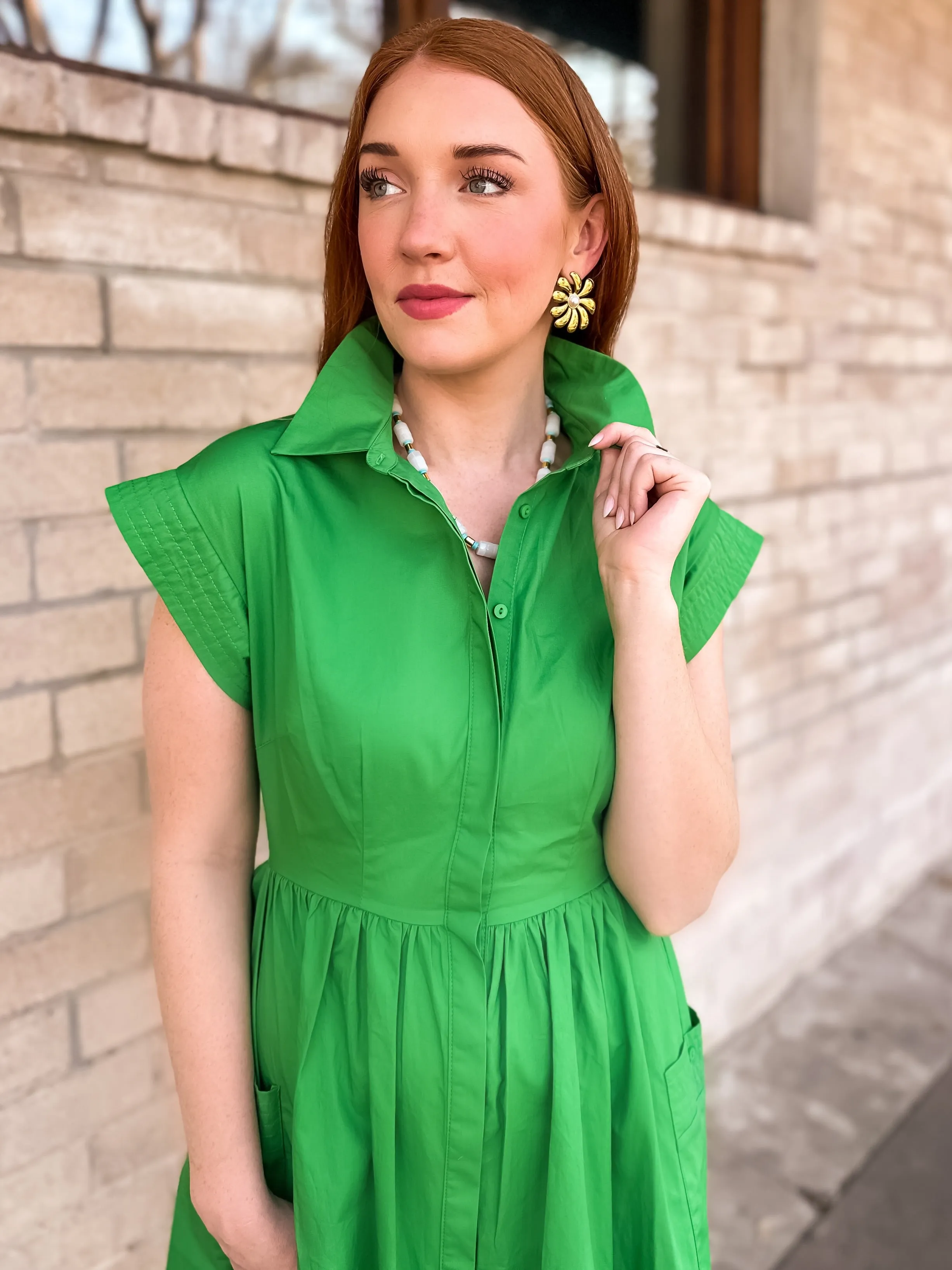 Kelly Green Button Down Midi Dress