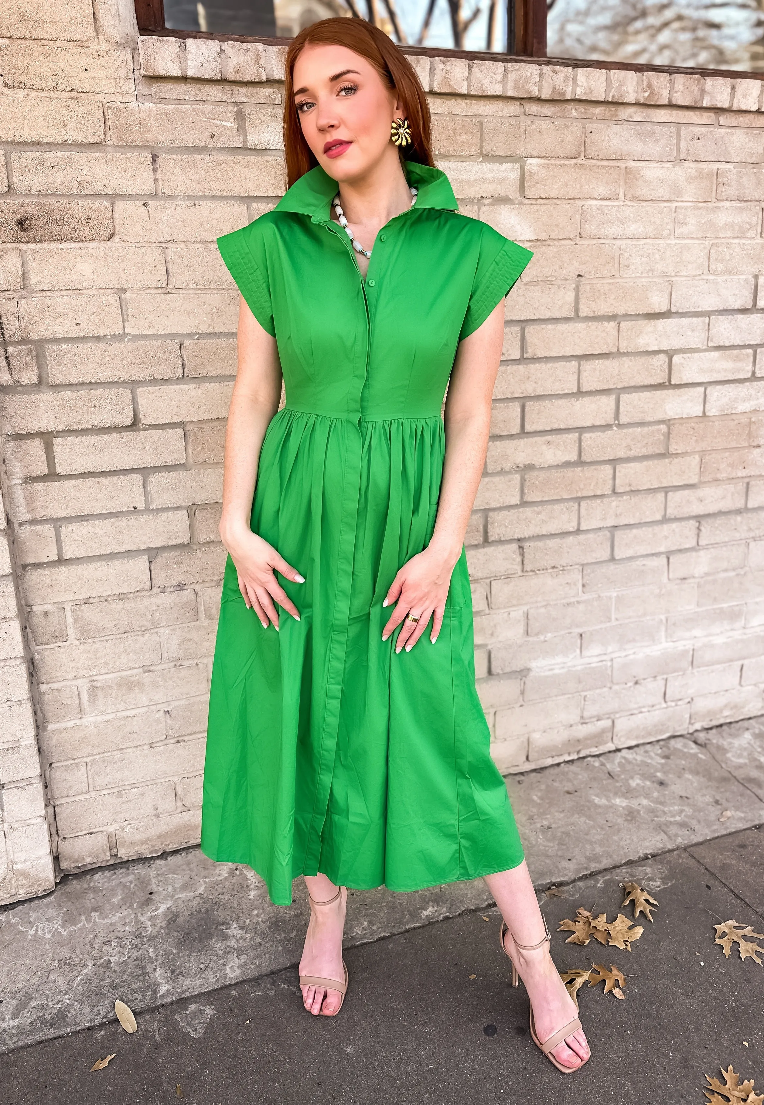 Kelly Green Button Down Midi Dress