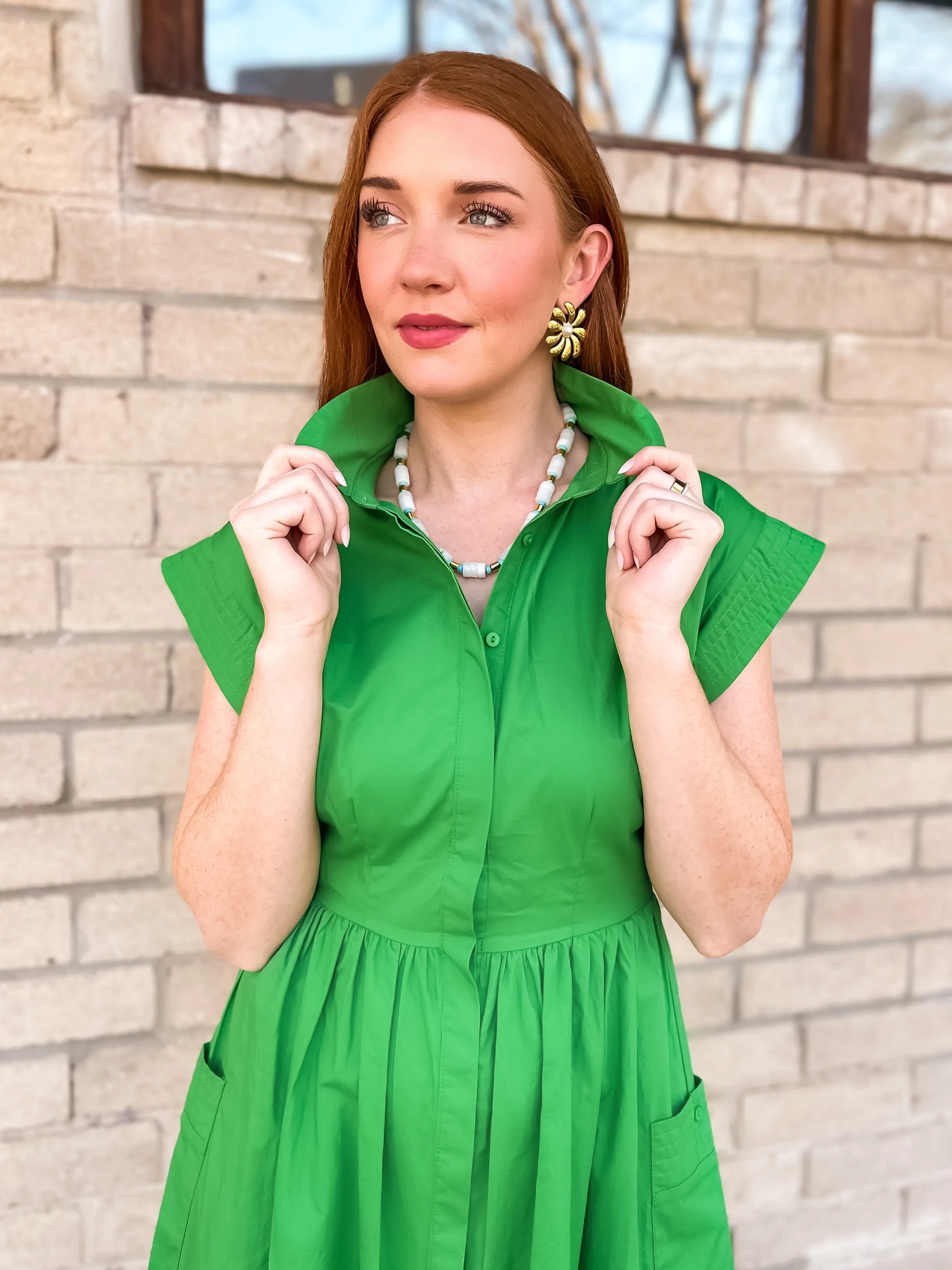 Kelly Green Button Down Midi Dress