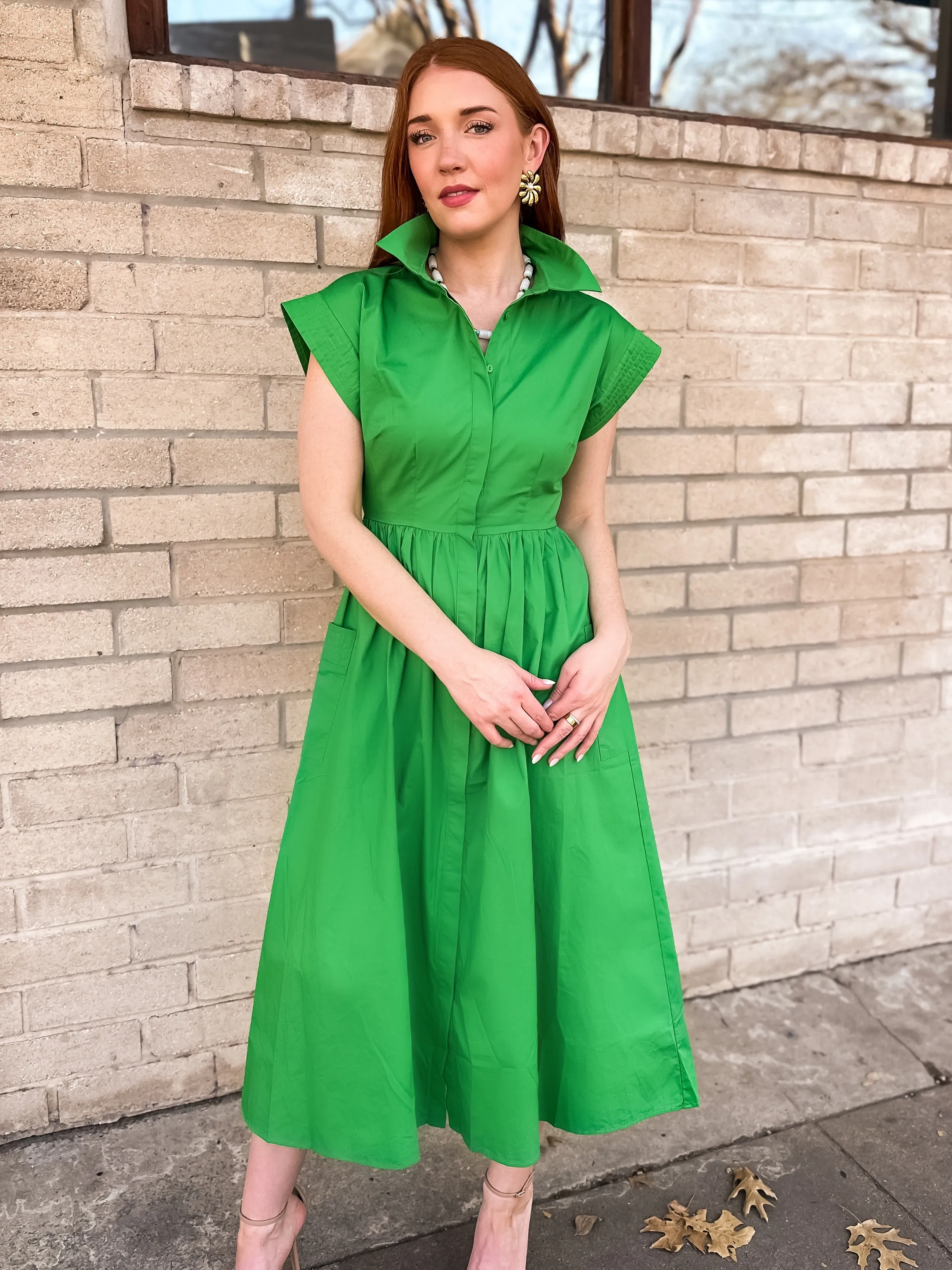 Kelly Green Button Down Midi Dress