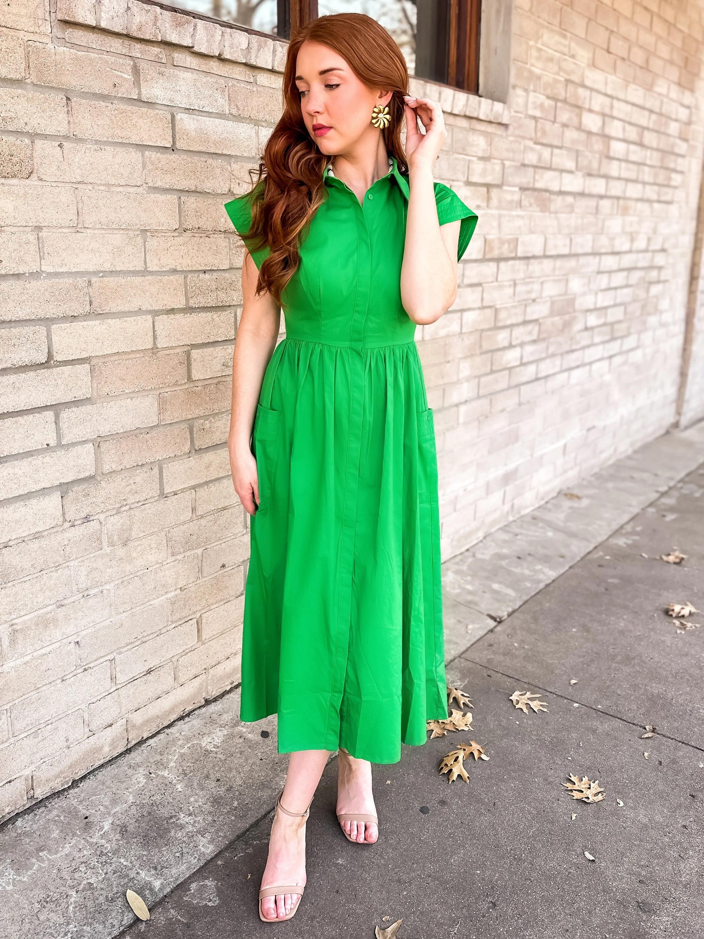 Kelly Green Button Down Midi Dress