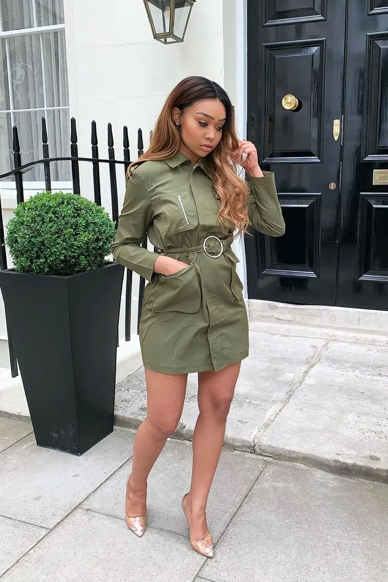 Khaki Utility Belted Zip Front Shirt Dress - Meliyah