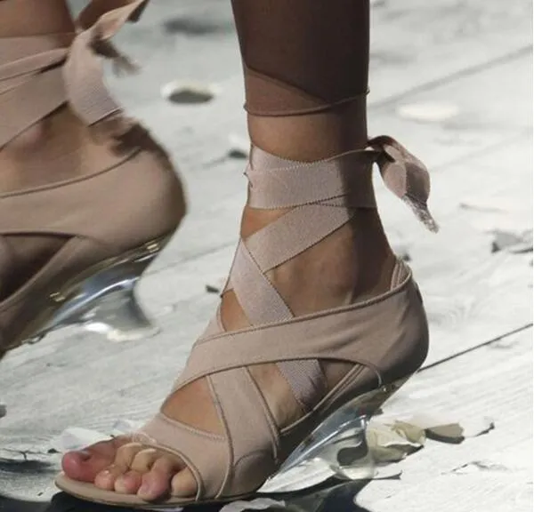 Latest New Brand Woman Summer Black Nude Silk Cross Lace Up Clip-toe Transparent Crystal Hoof Heels 7 cm 10 cm Party Sandals
