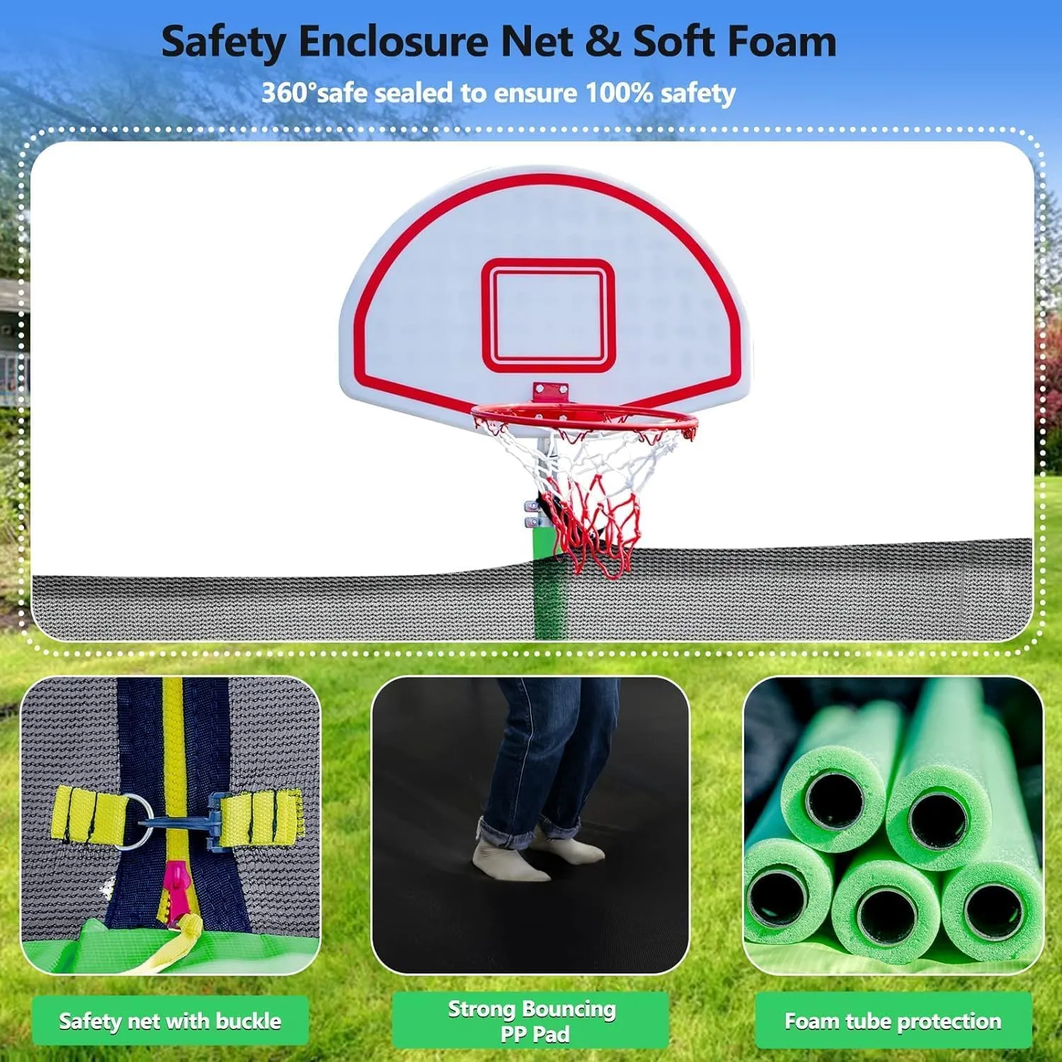 Lyromix Upgraded 16FT Trampoline for Kids and Adults, Large Outdoor Trampoline with Enclosure, Backyard Trampoline with Basketball Hoop and Net, Capacity for 5-8 Kids and Adults - new