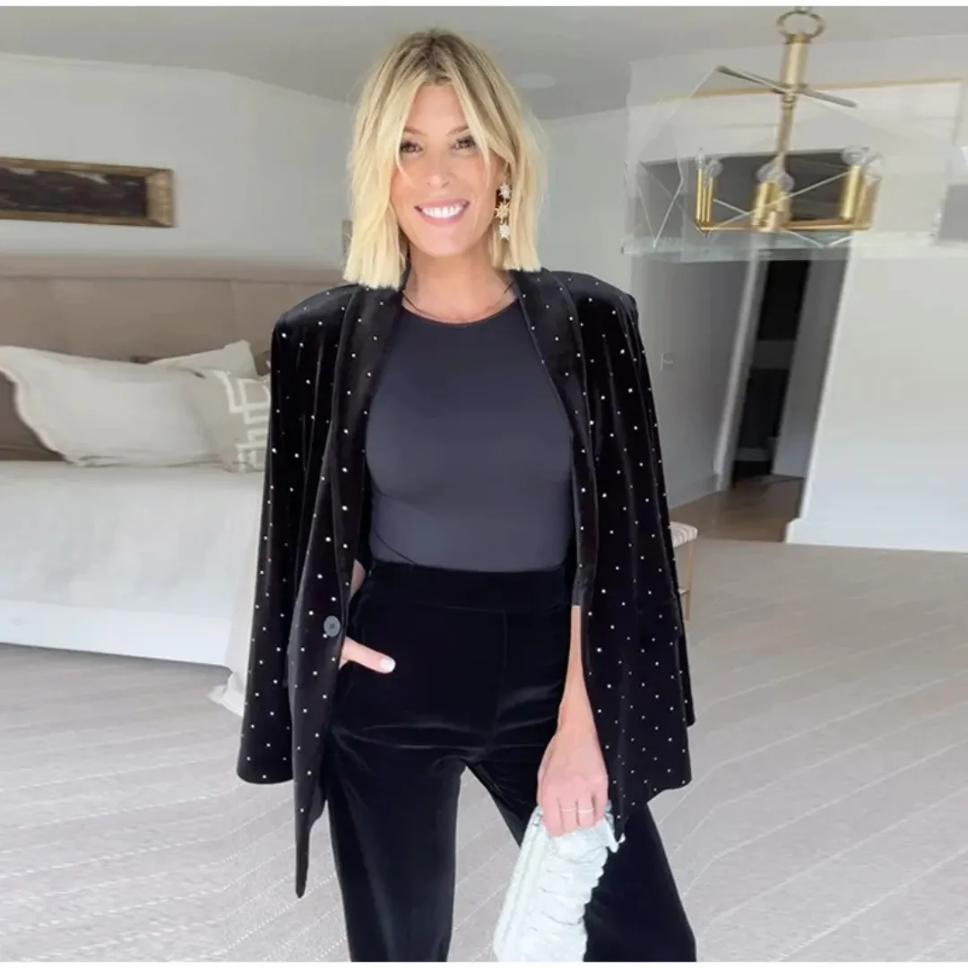 Mason | Black Velvet Blazer with Rhinestone Studs – Elegant Party Jacket