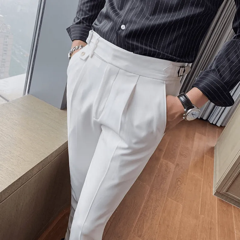 Mason | Men’s Pleated British Cotton Trousers – High Waist Tailored Fit Pants - Business