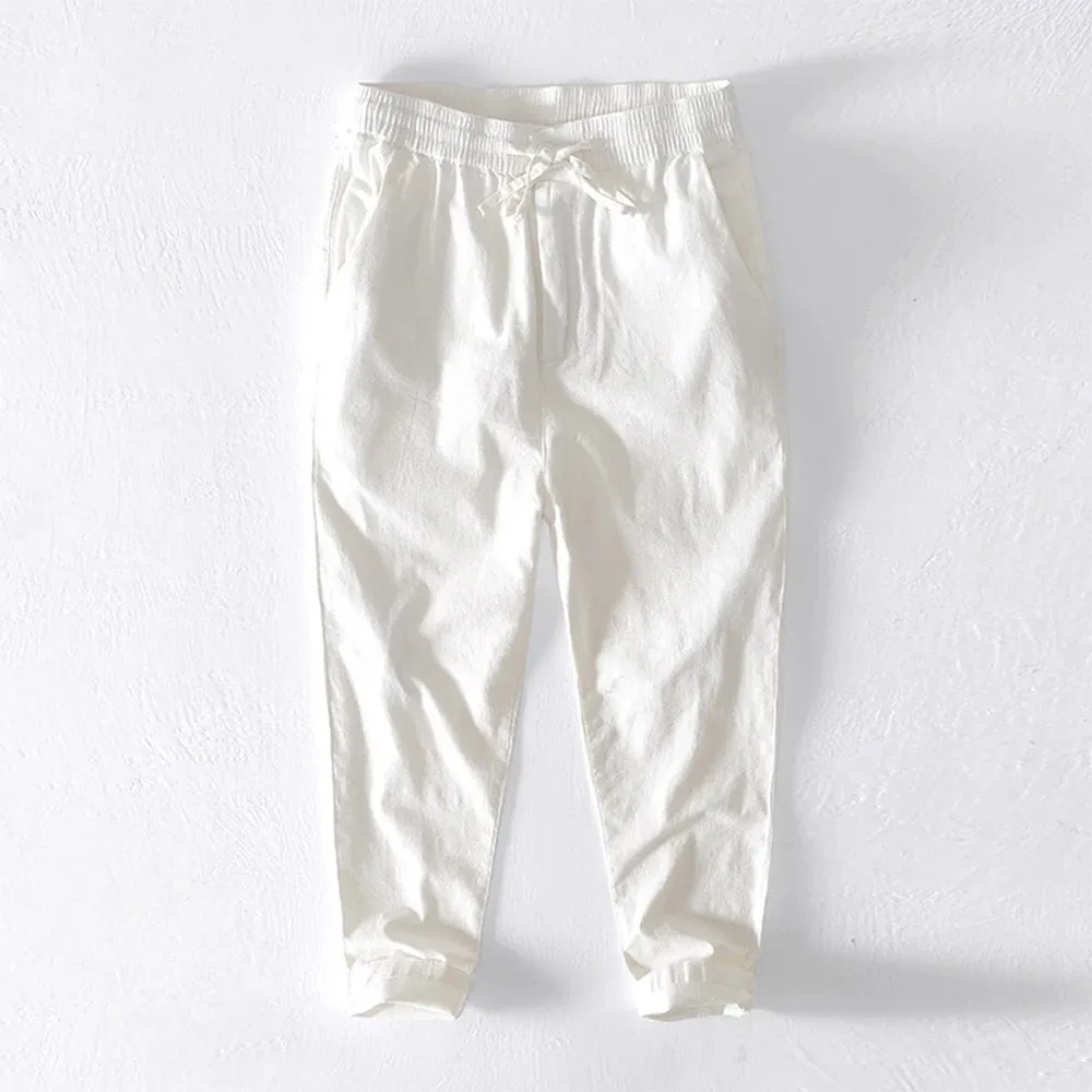 Men's Solid Color Multi-Pocket Ankle Pants - Loose Casual Tapered Long Trousers in Cotton Fabric