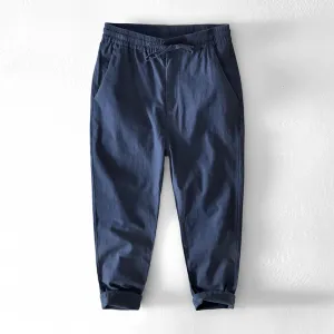 Men's Solid Color Multi-Pocket Ankle Pants - Loose Casual Tapered Long Trousers in Cotton Fabric