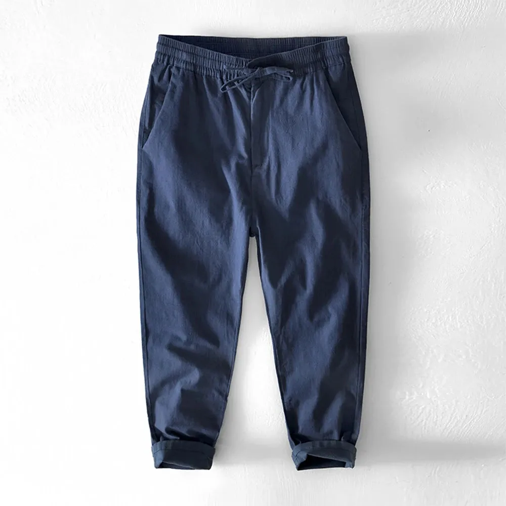 Men's Solid Color Multi-Pocket Ankle Pants - Loose Casual Tapered Long Trousers in Cotton Fabric