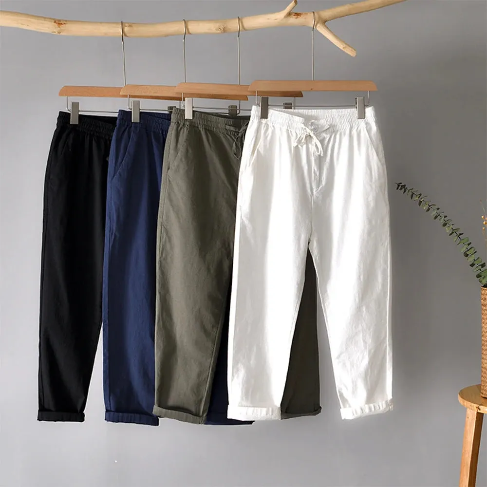 Men's Solid Color Multi-Pocket Ankle Pants - Loose Casual Tapered Long Trousers in Cotton Fabric