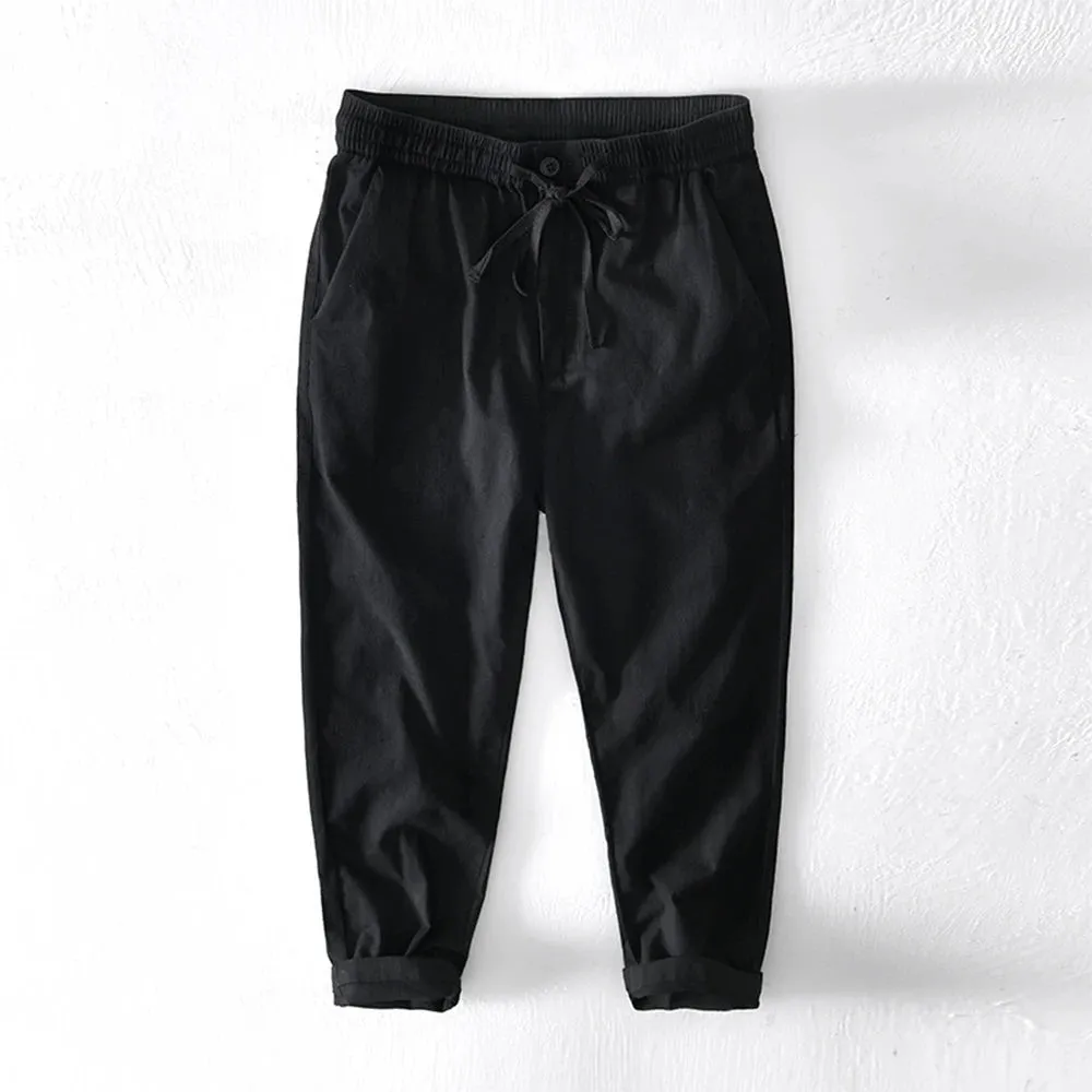 Men's Solid Color Multi-Pocket Ankle Pants - Loose Casual Tapered Long Trousers in Cotton Fabric