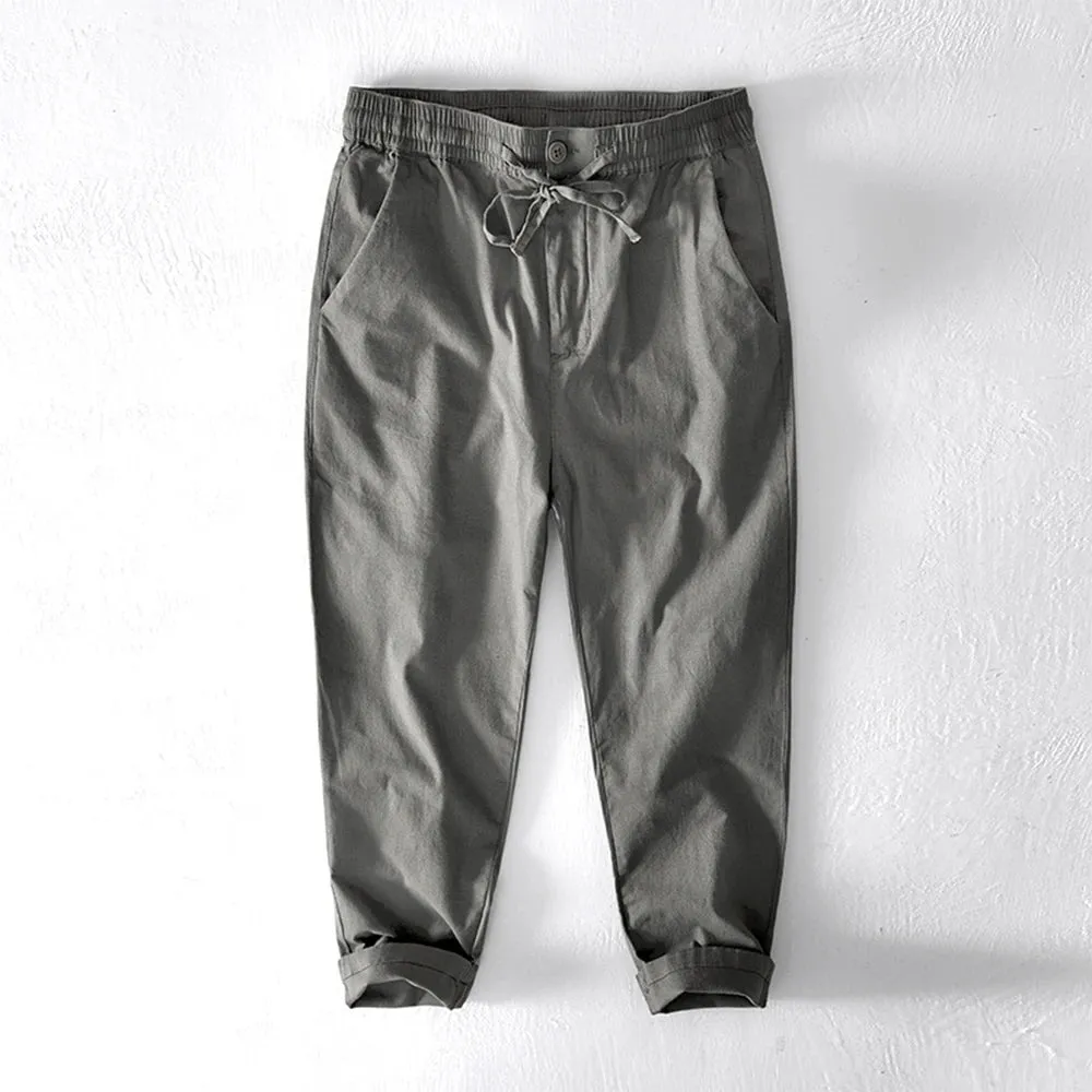 Men's Solid Color Multi-Pocket Ankle Pants - Loose Casual Tapered Long Trousers in Cotton Fabric