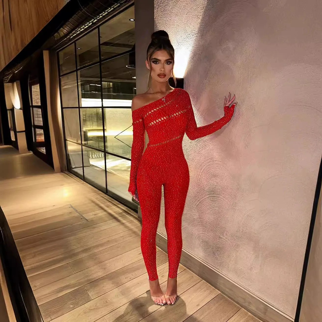 One-piece long-sleeve rhinestone glitter mesh jacket