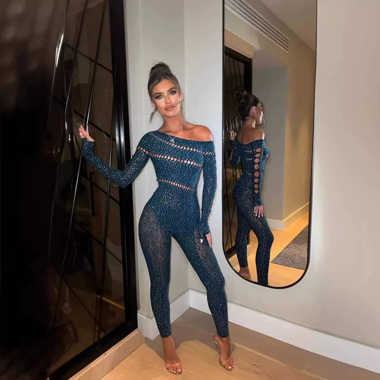 One-piece long-sleeve rhinestone glitter mesh jacket