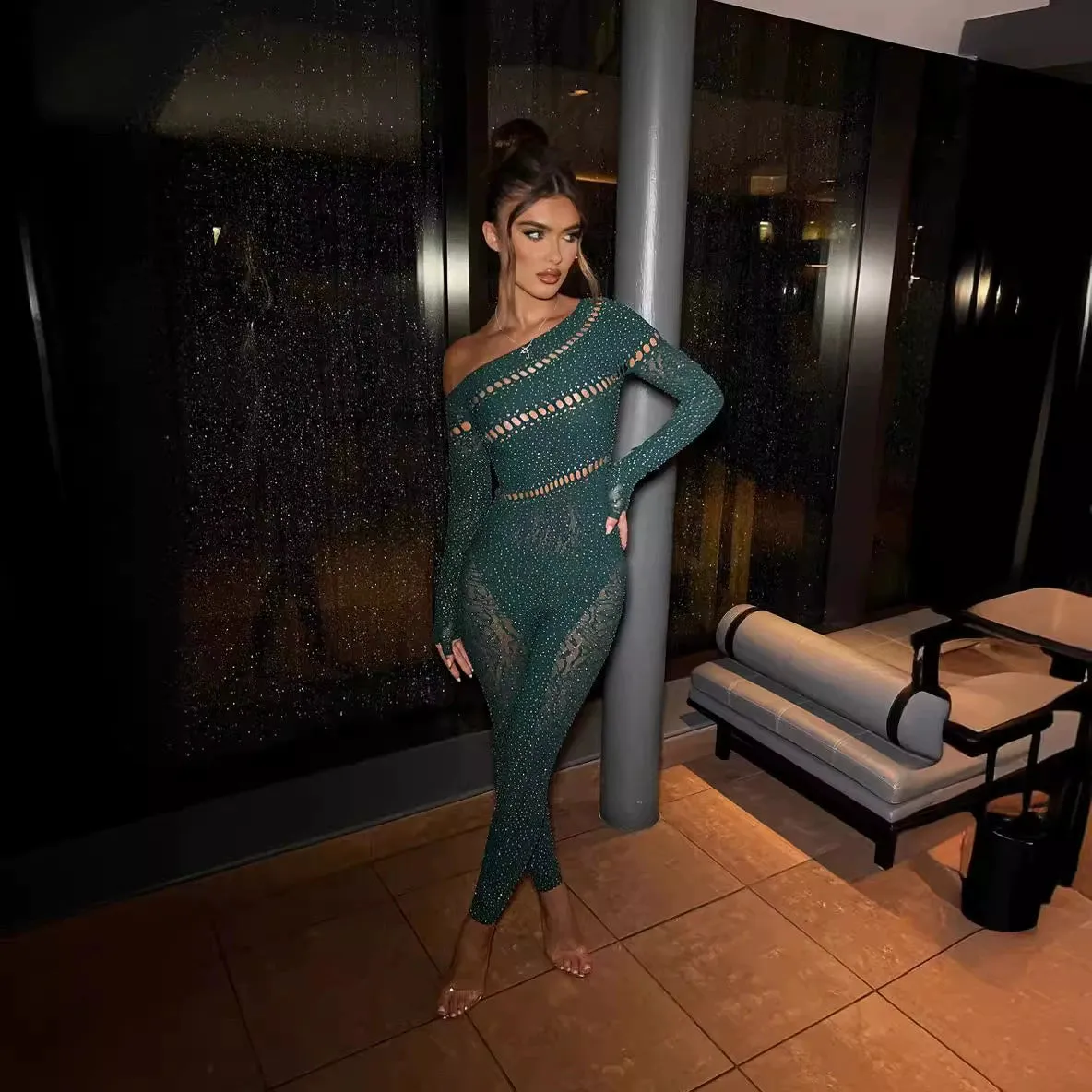 One-piece long-sleeve rhinestone glitter mesh jacket