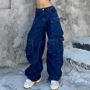 Panel Trim Patch Pocket Cargo Jeans - Blue
