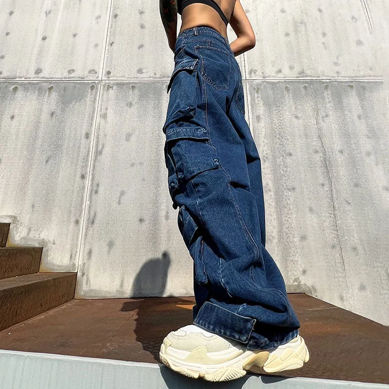 Panel Trim Patch Pocket Cargo Jeans - Blue