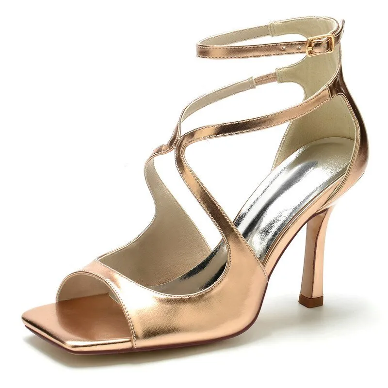 Patent Leather High Heels Wedding Sandals Square Toe