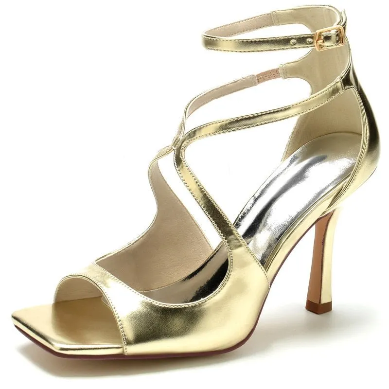 Patent Leather High Heels Wedding Sandals Square Toe