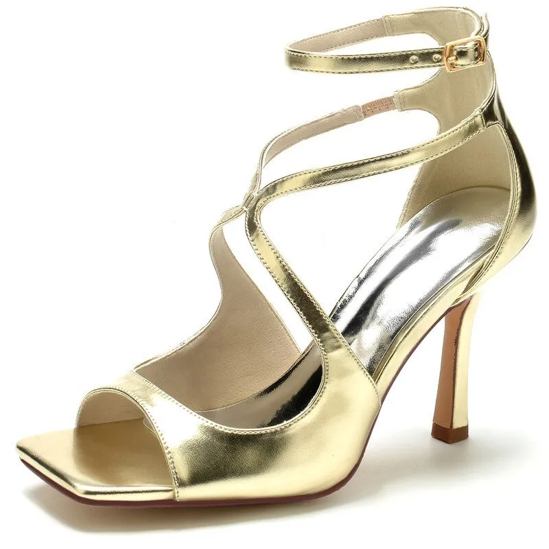 Patent Leather High Heels Wedding Sandals Square Toe