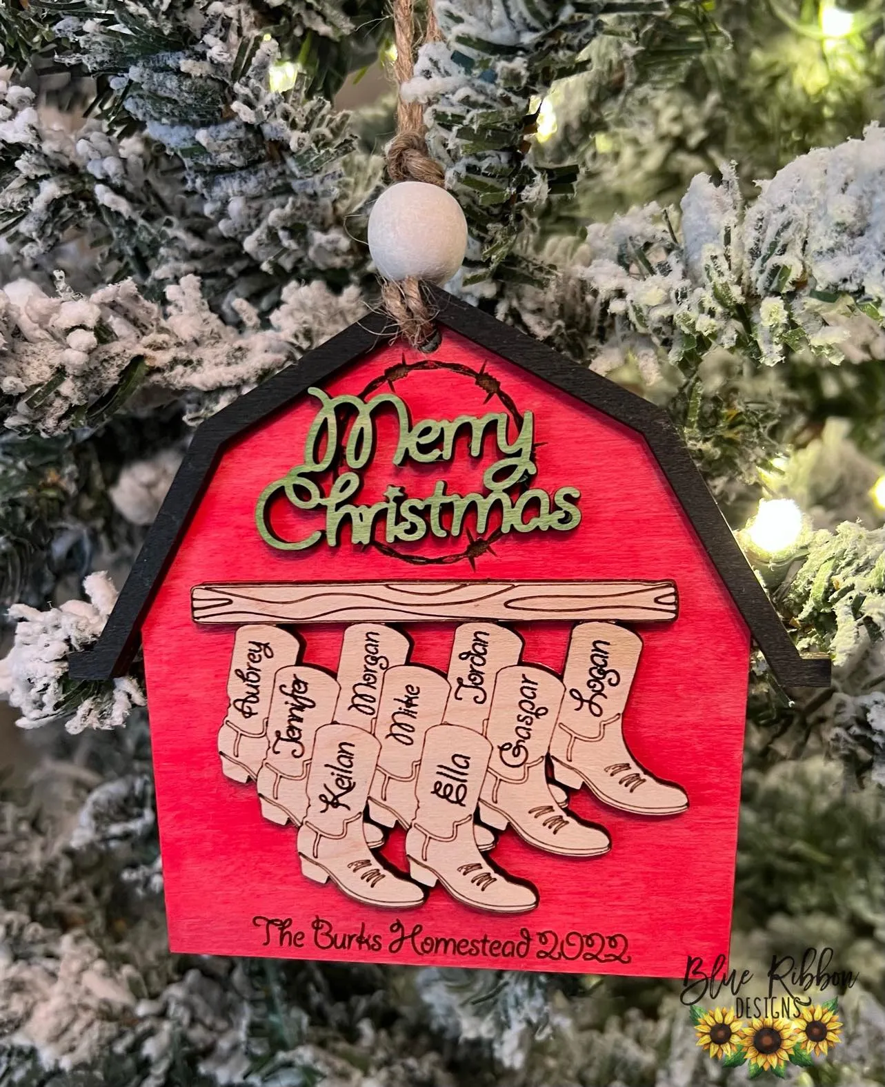 Personalized Wooden Barn w/Boots Ornament - Up to 10 Names