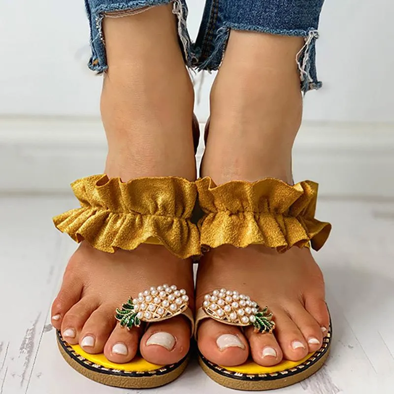Pineapple Pattern Toe Ring Frill Hem Casual Sandals