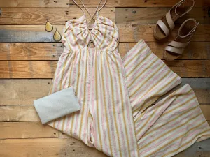 pink, gold   sand striped halter jumpsuit