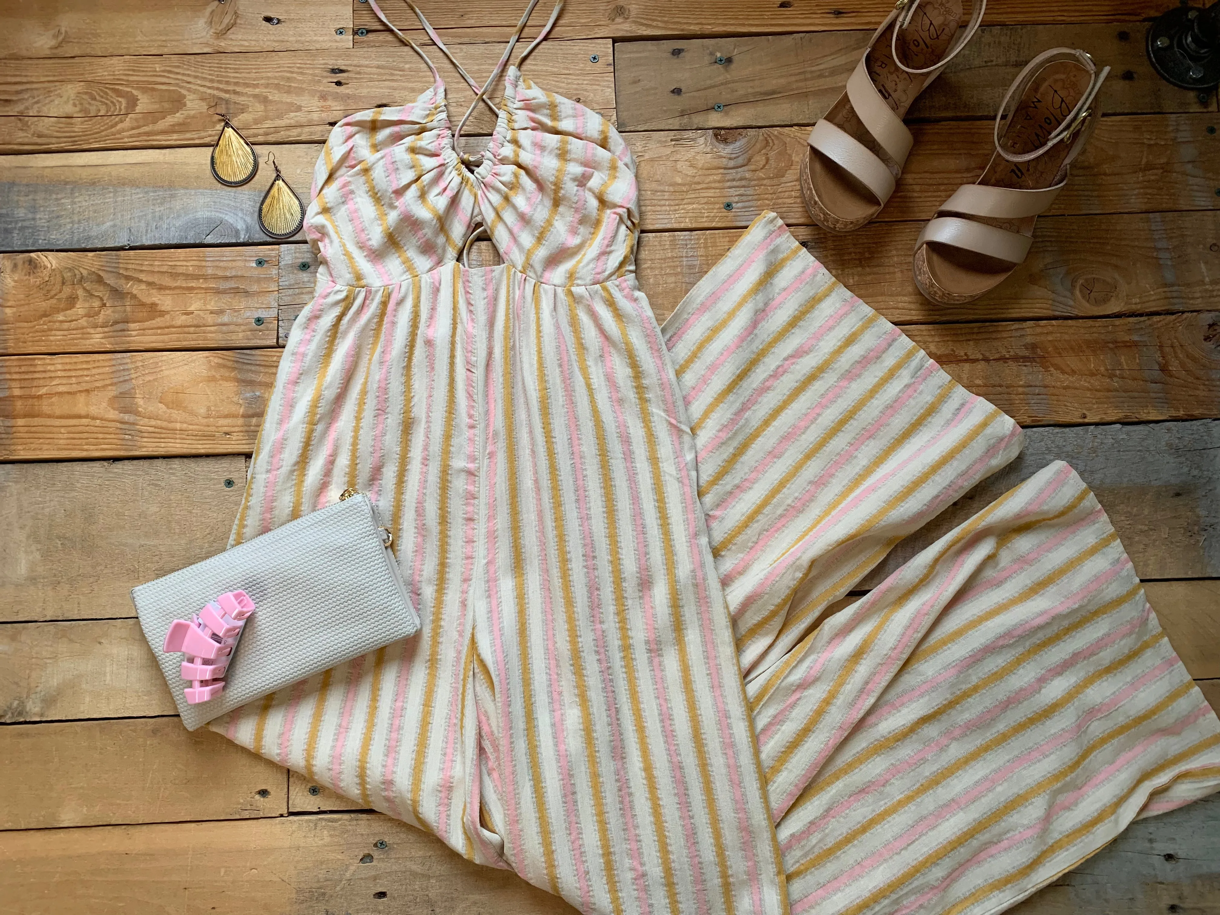 pink, gold   sand striped halter jumpsuit