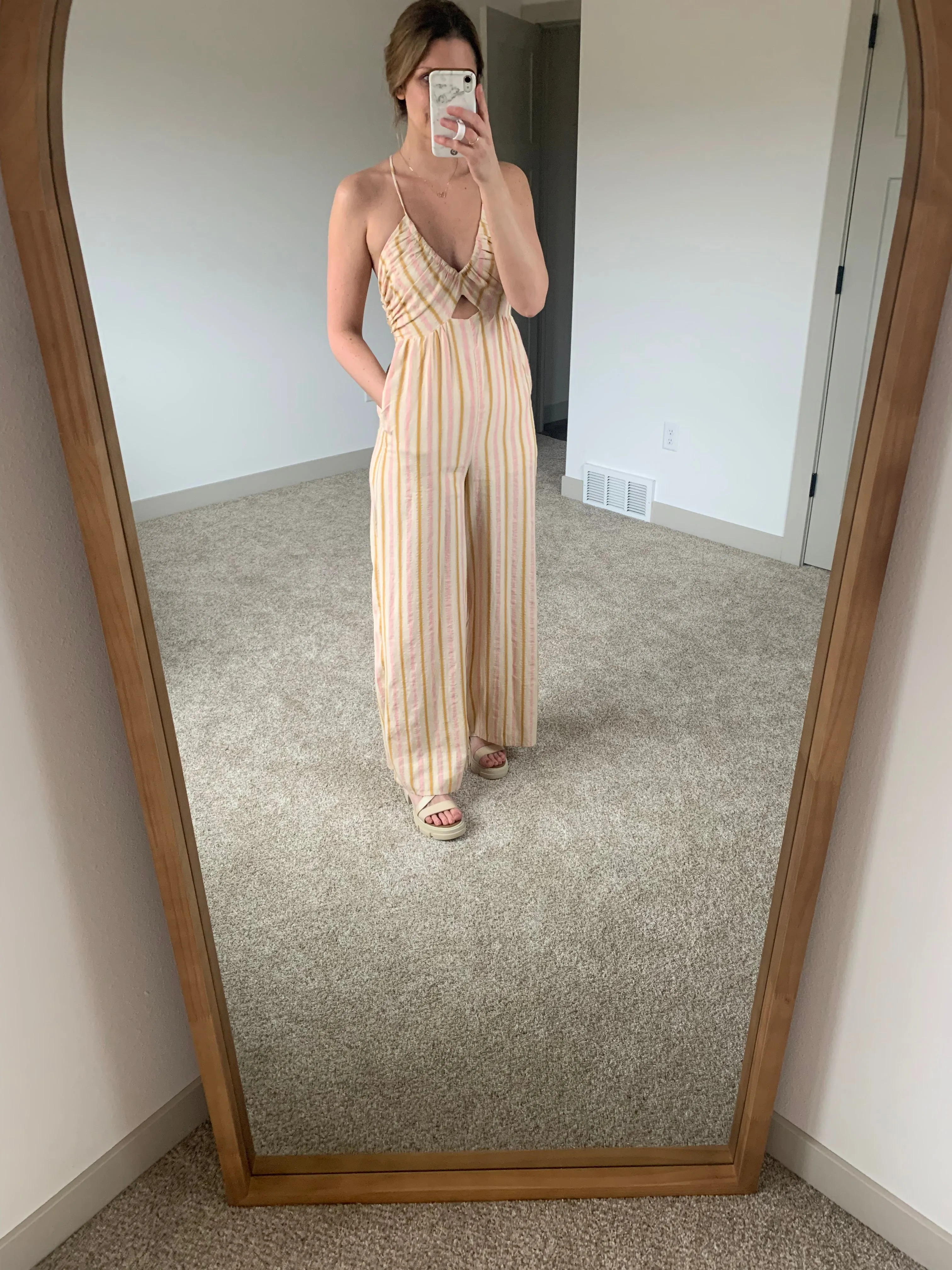 pink, gold   sand striped halter jumpsuit