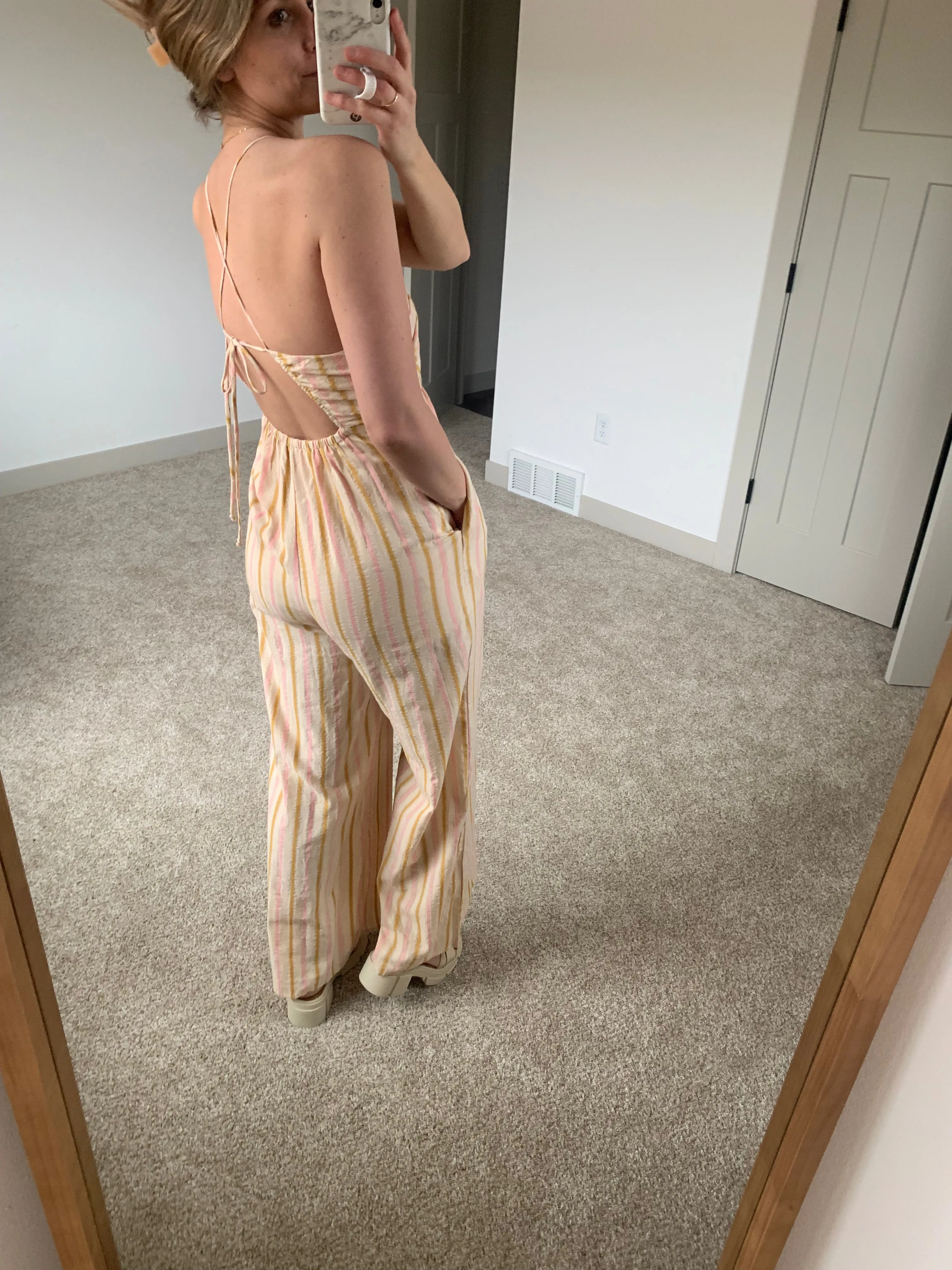 pink, gold   sand striped halter jumpsuit