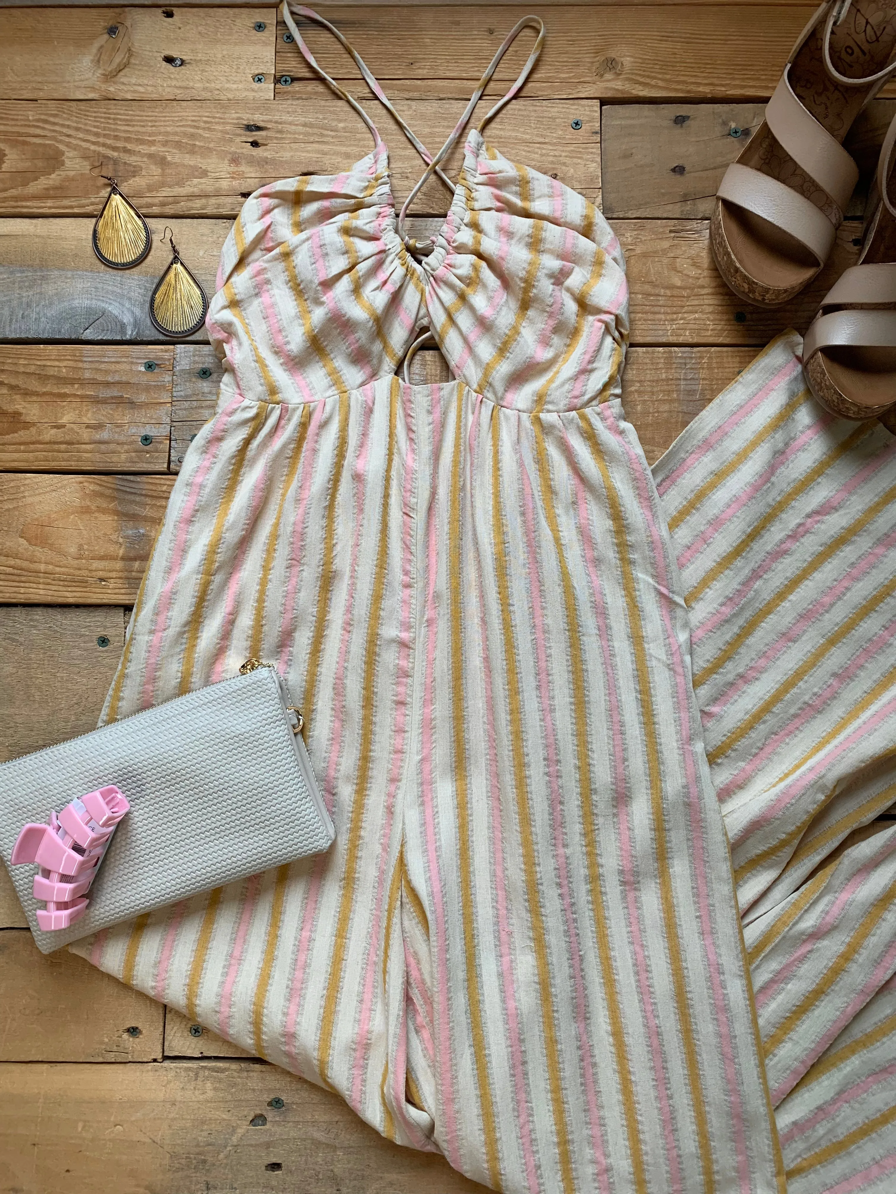 pink, gold   sand striped halter jumpsuit