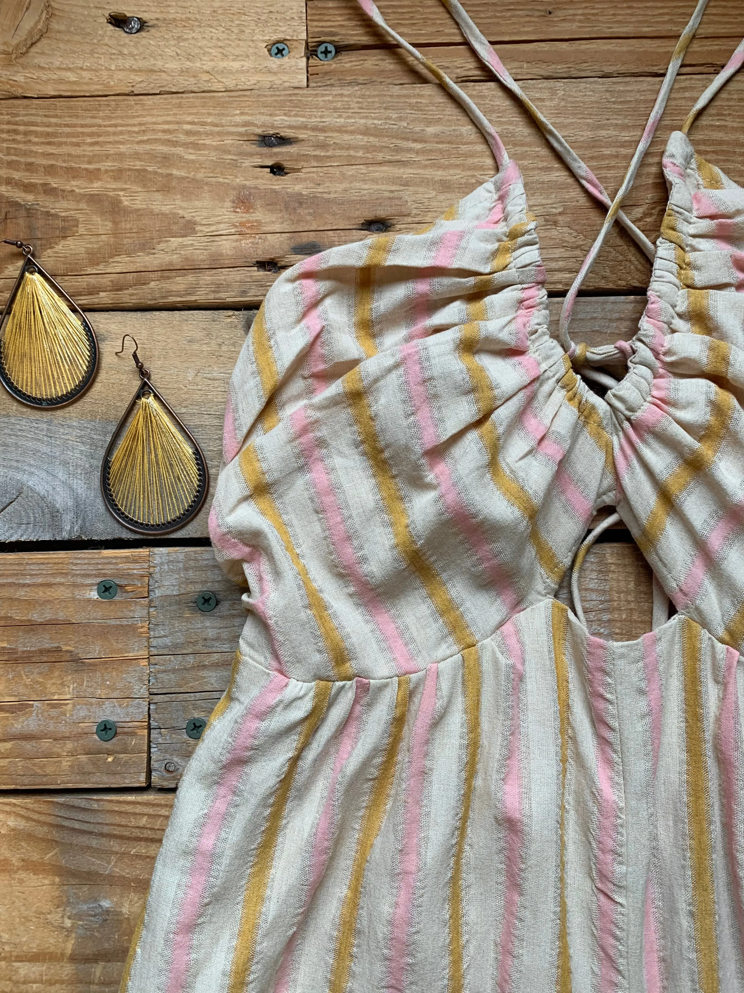 pink, gold   sand striped halter jumpsuit