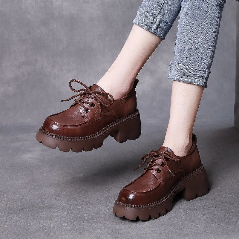 Retro Thick Heel Platform Women's Boots Shoes Lace-up Soft Leather Loafers