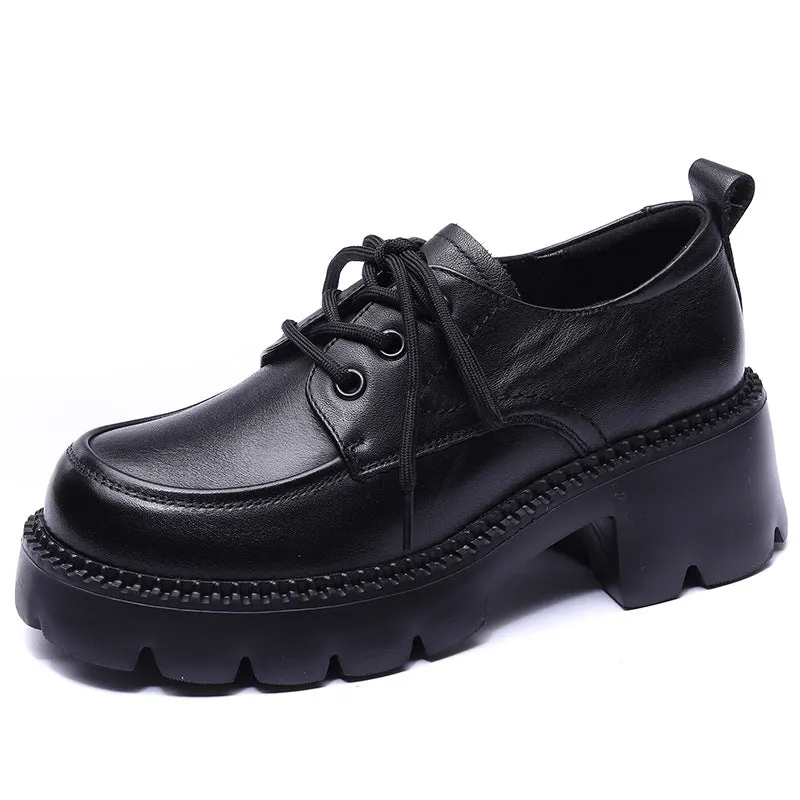 Retro Thick Heel Platform Women's Boots Shoes Lace-up Soft Leather Loafers