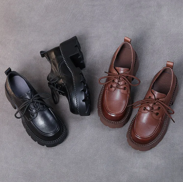 Retro Thick Heel Platform Women's Boots Shoes Lace-up Soft Leather Loafers