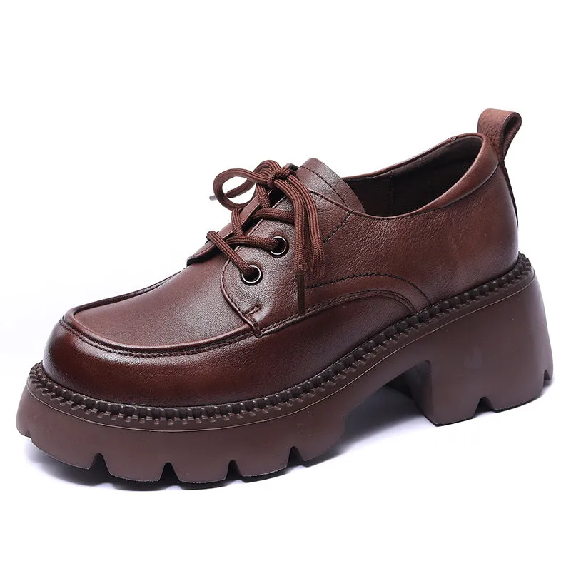 Retro Thick Heel Platform Women's Boots Shoes Lace-up Soft Leather Loafers