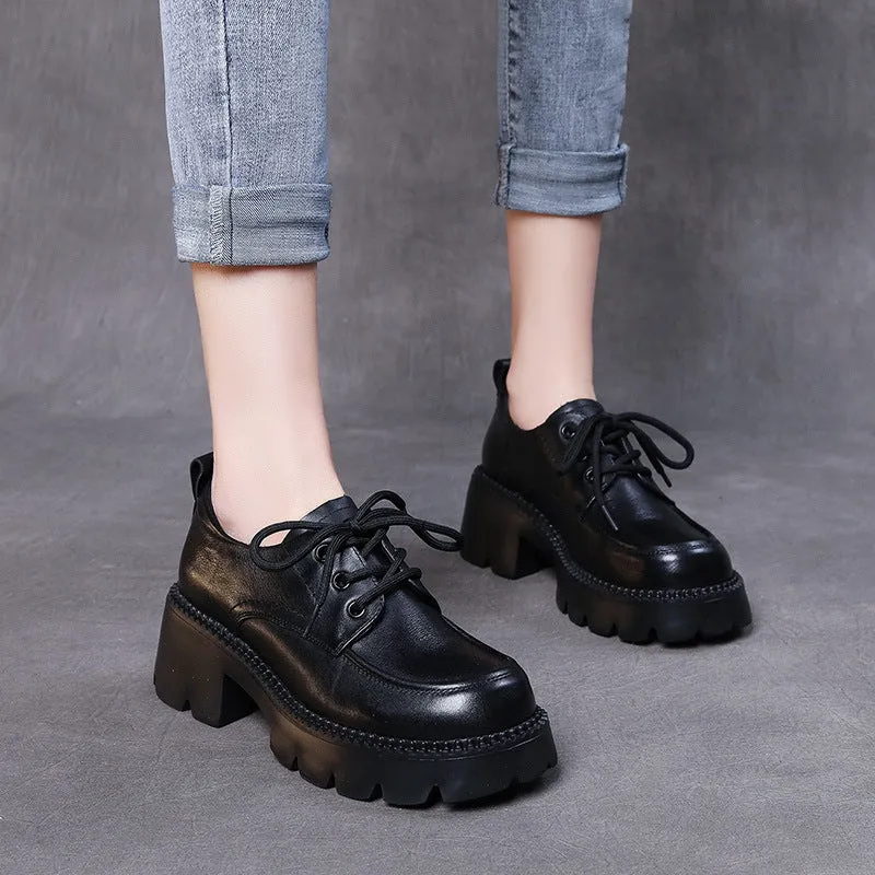Retro Thick Heel Platform Women's Boots Shoes Lace-up Soft Leather Loafers