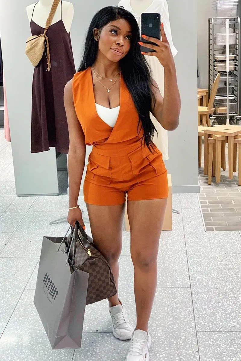 Rust Plunge Woven Utility Pocket Playsuit - Megan