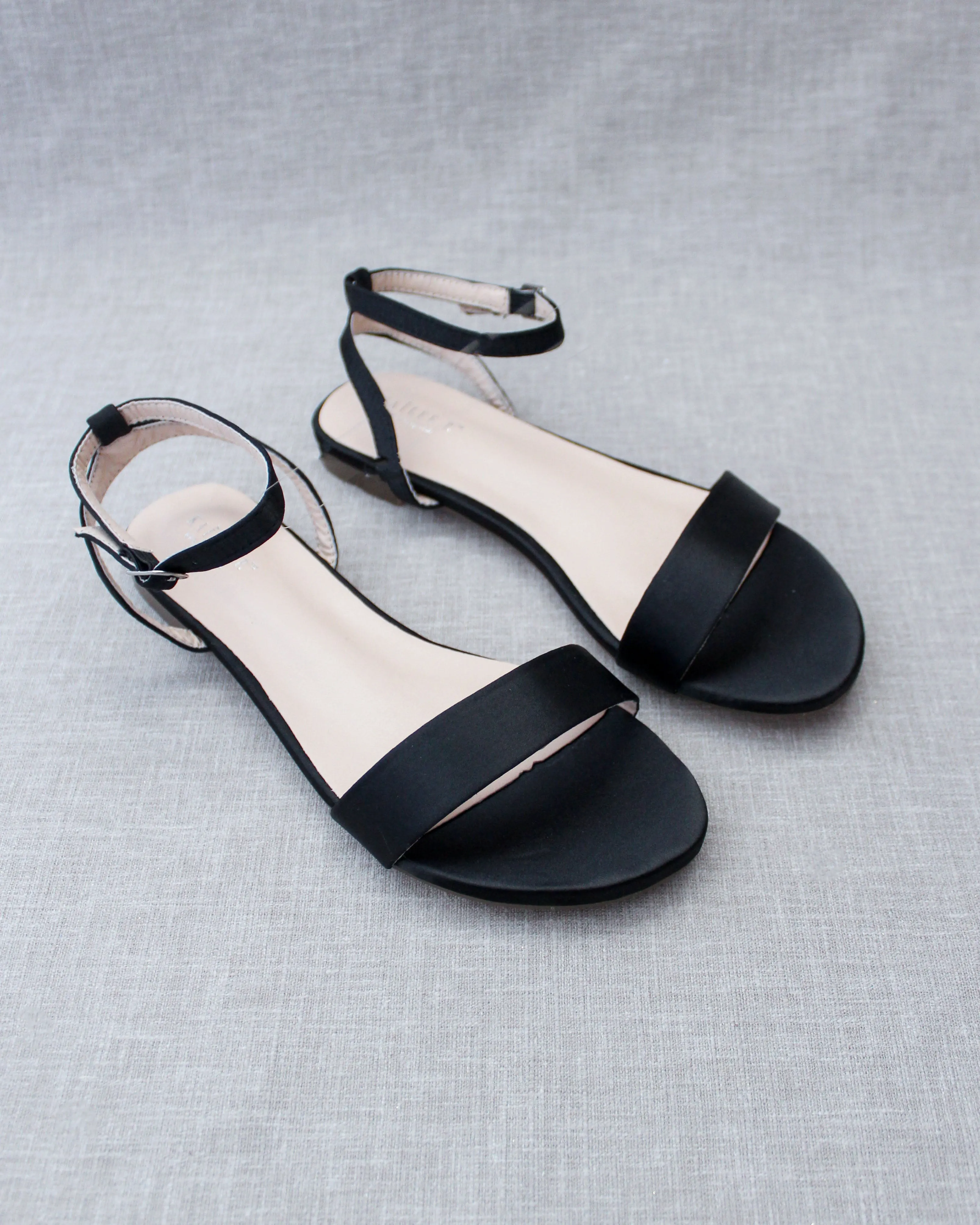 Satin Flat Sandal with Ankle Strap