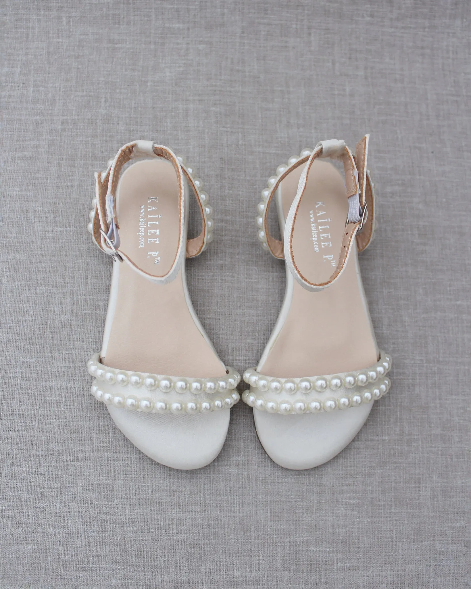 Satin Flat Sandal with Pearls and Ankle Strap