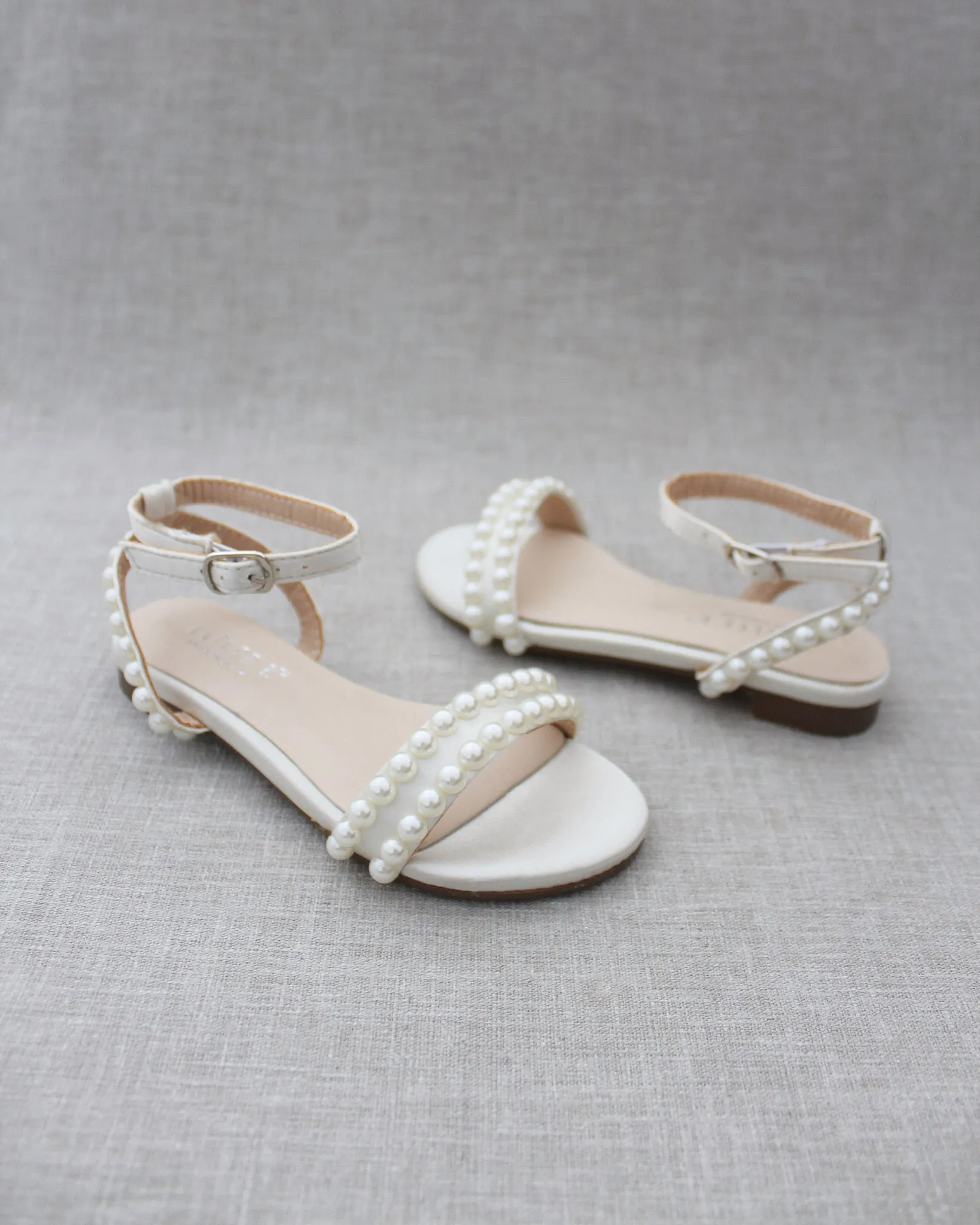 Satin Flat Sandal with Pearls and Ankle Strap