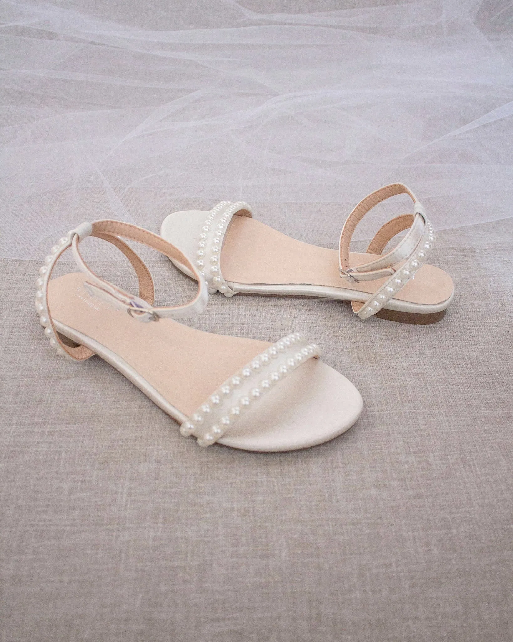 Satin Flat Sandal with Pearls and Ankle Strap