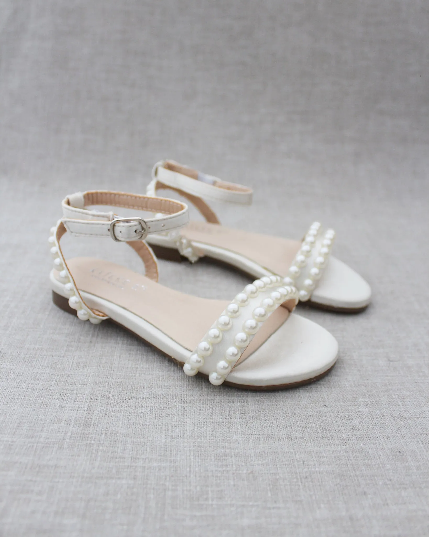 Satin Flat Sandal with Pearls and Ankle Strap