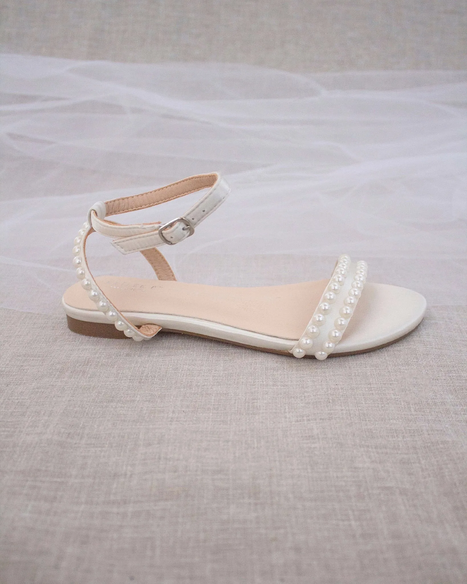 Satin Flat Sandal with Pearls and Ankle Strap