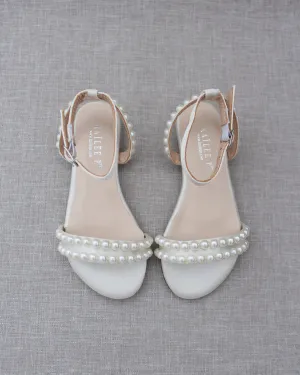 Satin Flat Sandal with Pearls and Ankle Strap