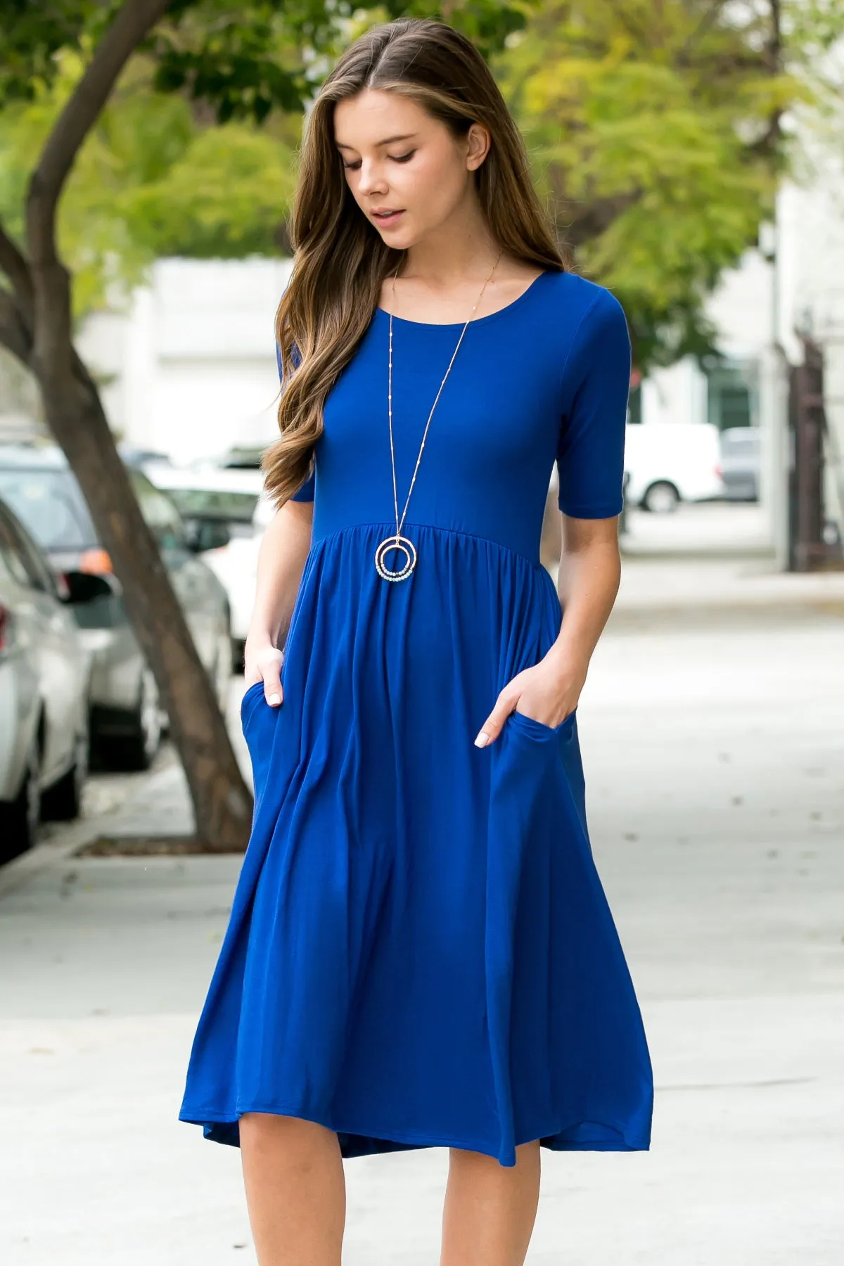 Short Sleeved Empire Waist Pocket Dress