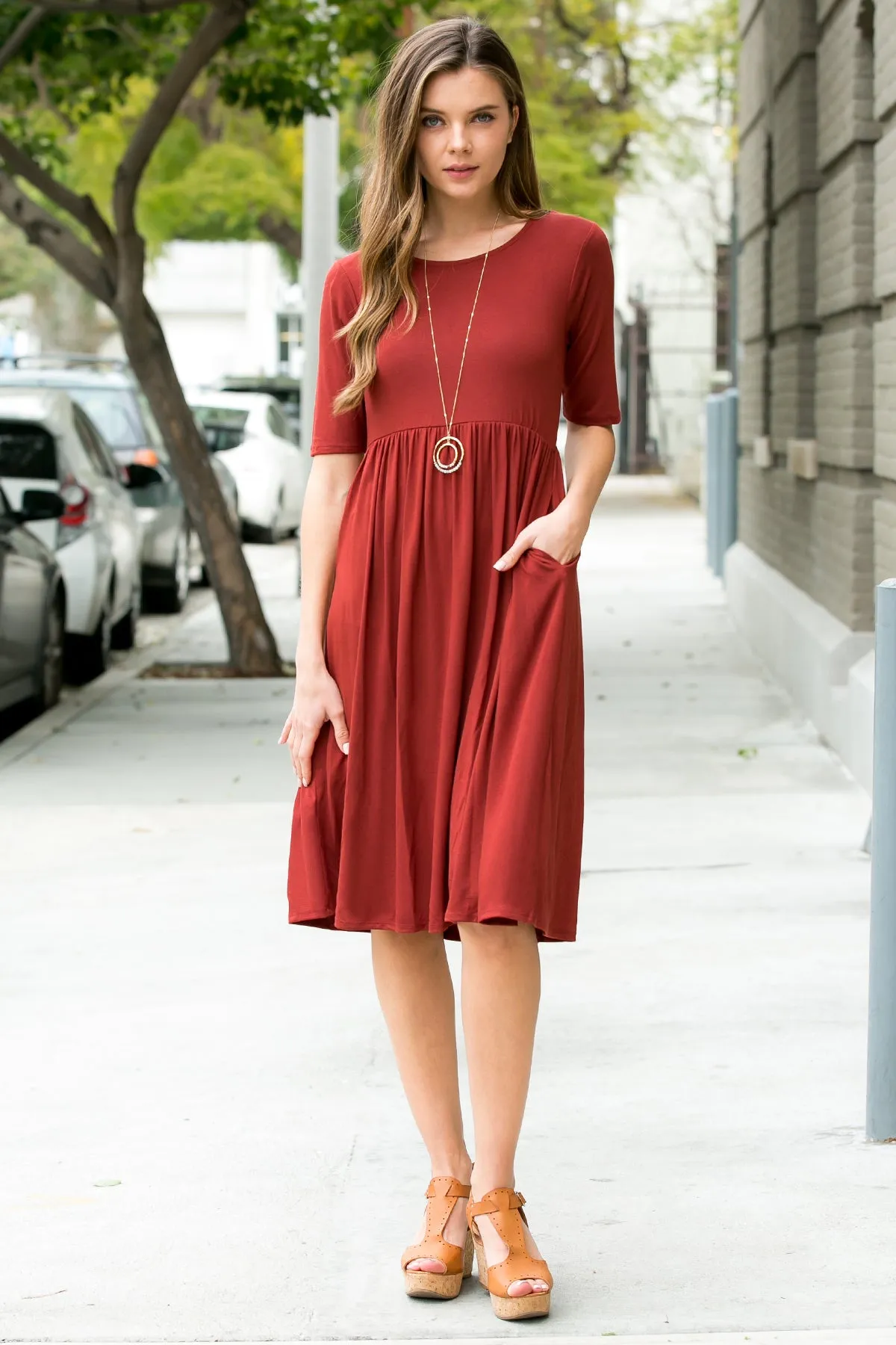 Short Sleeved Empire Waist Pocket Dress