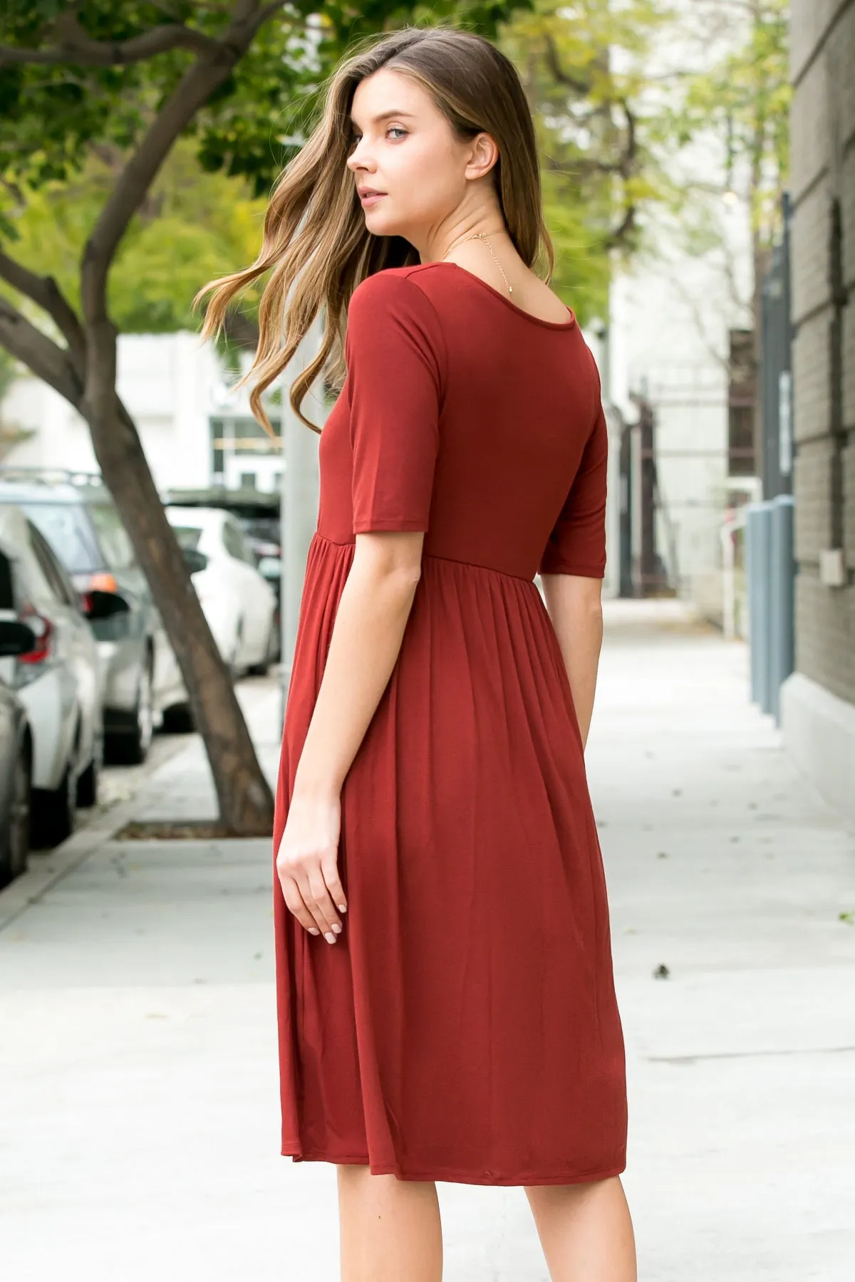 Short Sleeved Empire Waist Pocket Dress